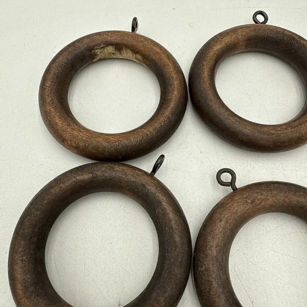 Solid Wood Curtain Rings Lot 10 Brown Drapery Rod Hooks 1.75